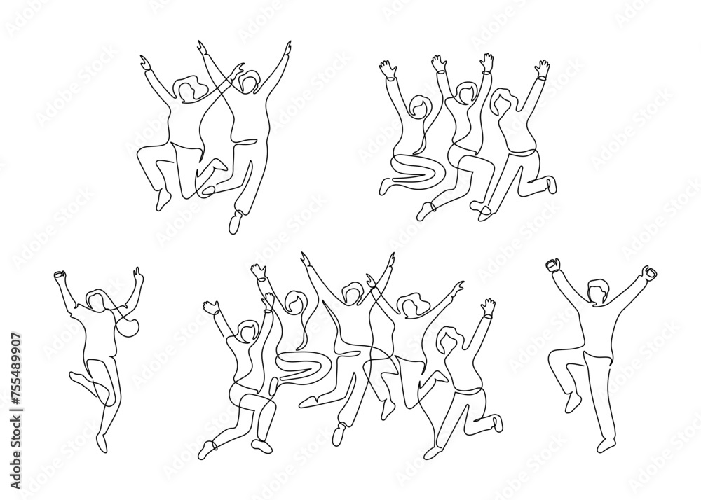 Fototapeta premium Happy one person and group of people jumping set, continuous one line drawing. Friendship, team work, healthy lifestyle, success concept. Minimalist simple linear style. Vector outline