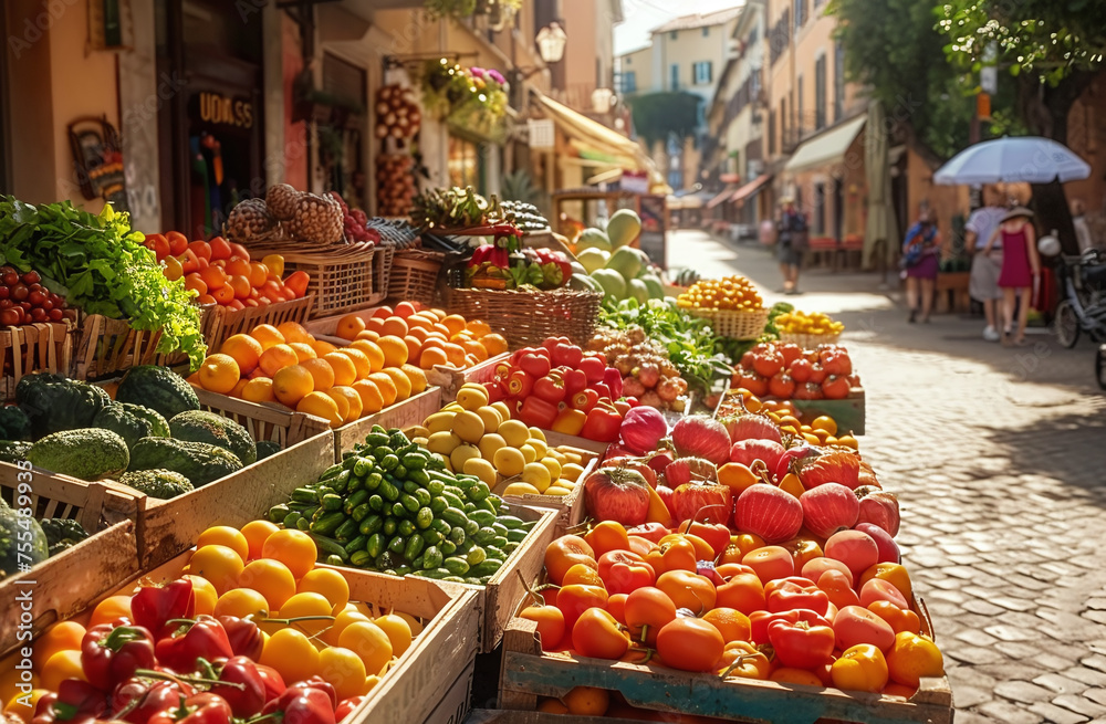 Colorful fresh fruits and vegetables on display at a sunny street market with shoppers in the background.
