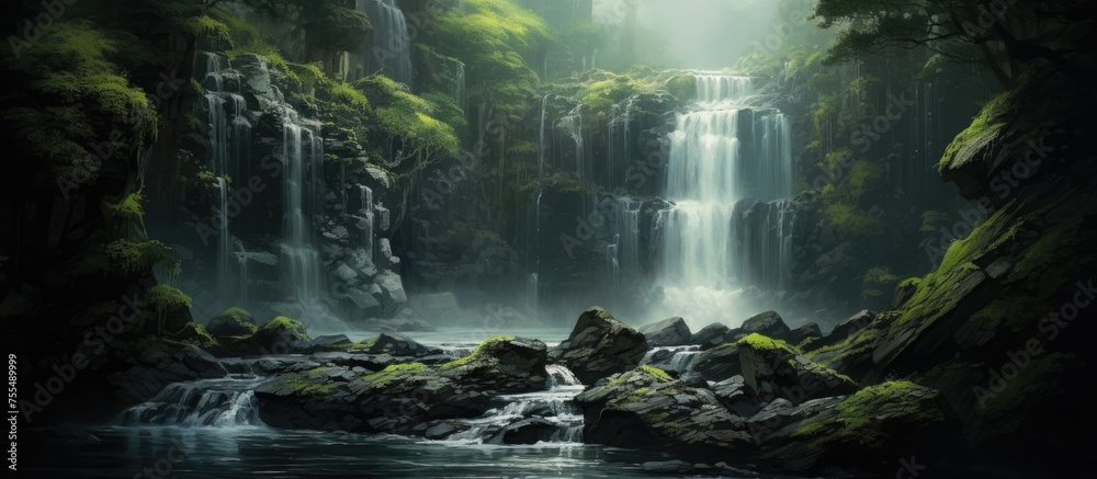 This painting depicts a majestic waterfall surrounded by lush greenery of a dense forest. The cascading water creates a dynamic focal point amidst the trees and rocks, capturing the raw power of