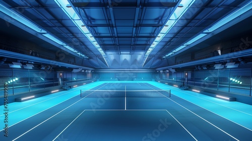 An indoor tennis arena with a blue court, illuminated for a match