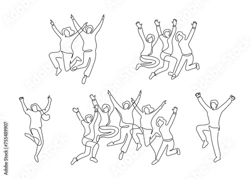 Happy one person and group of people jumping set, continuous one line drawing. Friendship, team work, healthy lifestyle, success concept. Minimalist simple linear style. Vector outline