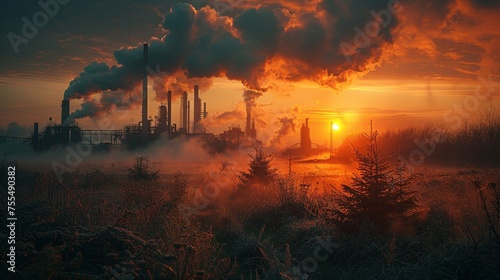 HDR image of industrial landscape contaminated with smoke from pipe factories.