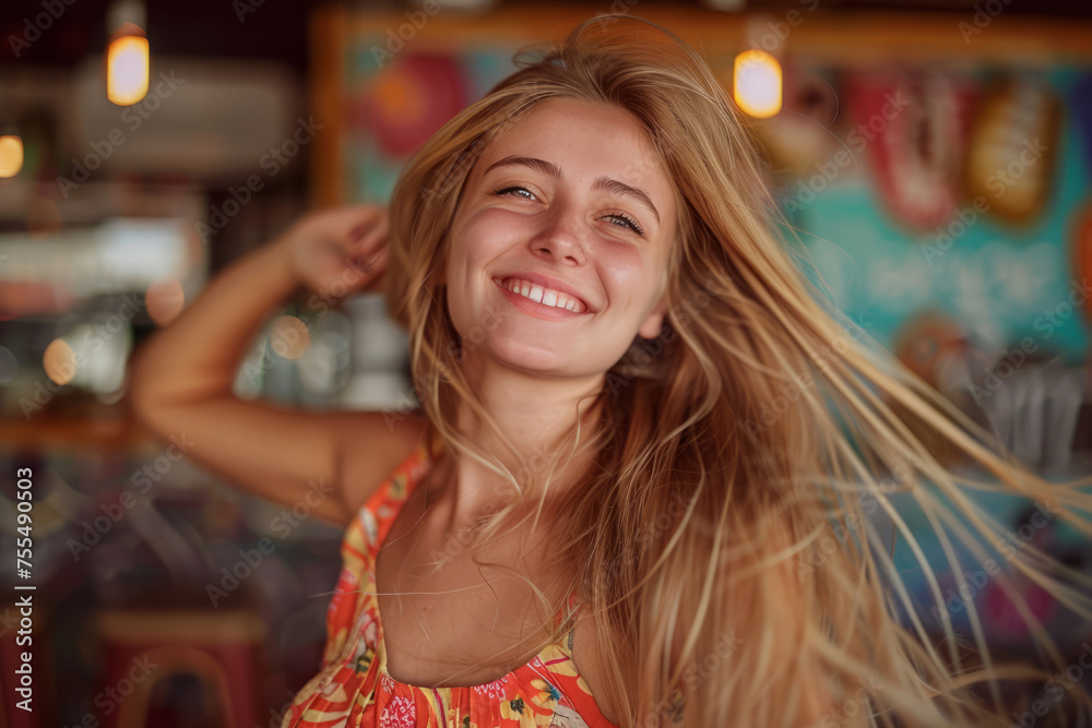 Happy beautiful young woman with long hair in dance movement at beach disco bar. Generative AI
