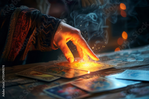 Tarot reader pick up tarot card. Tarot cards spread on table near burning candles. Generative AI photo