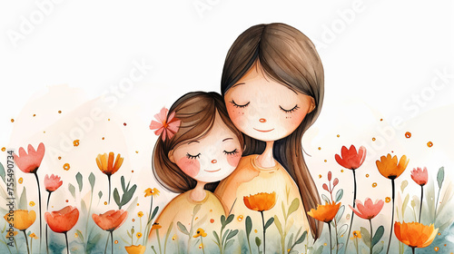 Mom gently hugging daughter with flowers  concept Happy Mother s Day