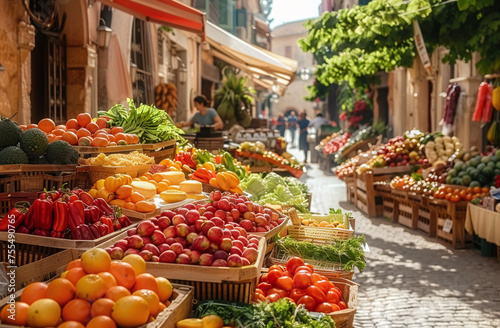 Colorful street market with fresh fruits and vegetables on display in a quaint European town. © Gayan