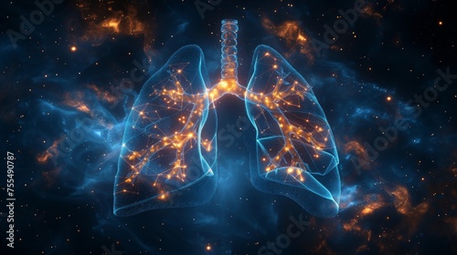 Imagining the human lungs as stars, stars, planets, and lines in a starry sky. Modern image.
