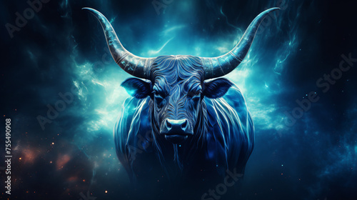 A bull with a blue light on its horns taurus sing in h