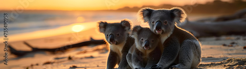 Koala bears in the sea coastal region with setting sun shining. Group of wild animals in nature. Horizontal, banner. © linda_vostrovska