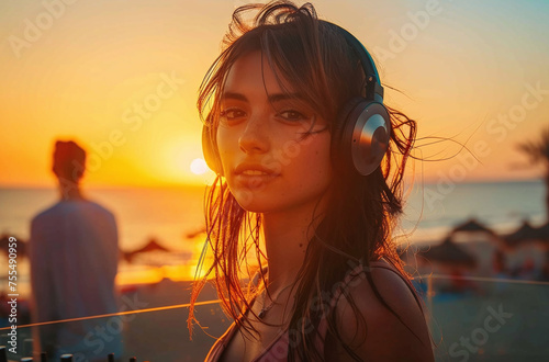 Female DJ playing music at sunset on a tropical beach with palm trees.