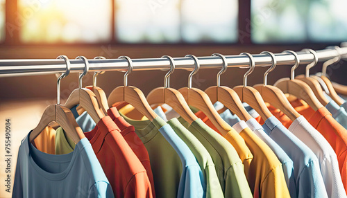 wooden hangers with T-shirts in light summer colors, hanging in a row