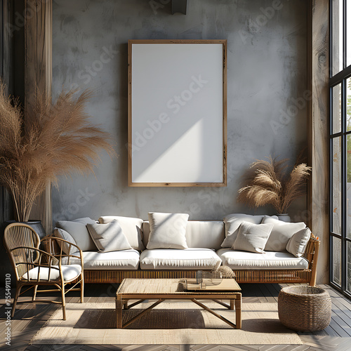 minimalist style family lounge afternoon with Wooden Furniture,chairs,flower pot,grey walls,cozy sofa white with Interior Mockup with one white photo frame in the background