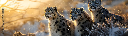 Snow leopard family in the mountain region with setting sun shining. Group of wild animals in nature. Horizontal, banner.