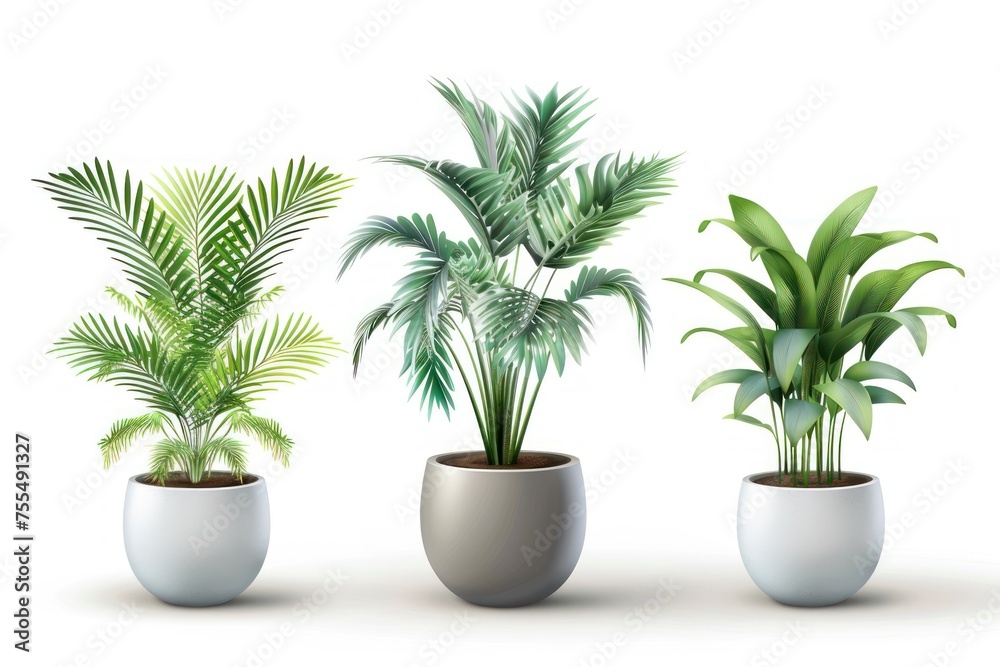 Three potted plants are lined up in a row, with one of them being a palm tree Three potted plants are lined up in a row, with one of them being a palm tree