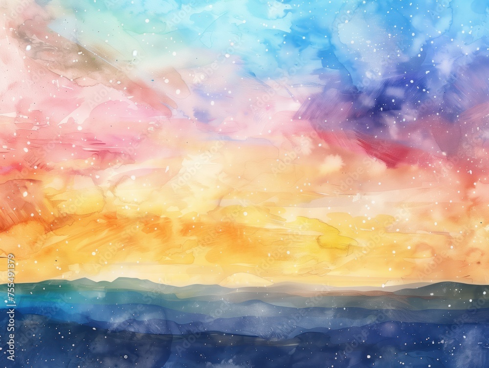 Dreamscape Horizon, landscape painting, merging the beauty of a sunset horizon with a dreamlike wash of colors and textures, evoking a sense of wonder and creativity.