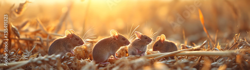 Mice in the harvested field in summer evening with setting sun. Group of wild animals in nature. Horizontal, banner.