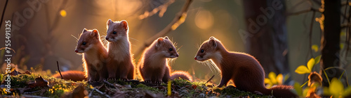 Marten family in the forest with setting sun shining. Group of wild animals in nature. Horizontal, banner.
