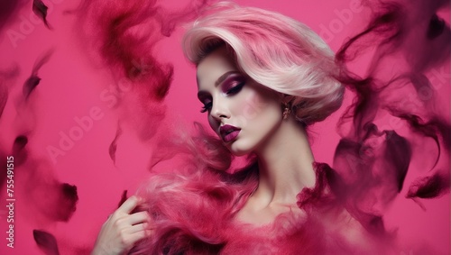 An artistic portrait of a woman with vibrant pink hair and dramatic makeup against a pink background