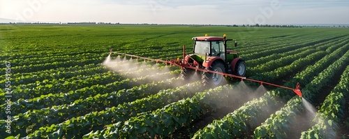 Spraying pesticides in a springtime soybean field. Concept Agricultural Pest Control, Spring Crop Protection, Soybean Field Management, Pesticide Application Safety