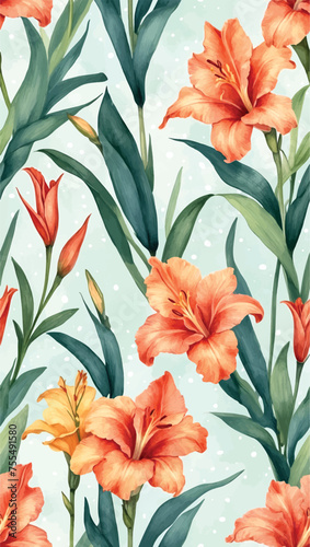 Beautiful seamless vector floral pattern  spring summer background with tropical flowers  palm leaves  jungle leaf  Alstroemeria flower  Exotic wallpaper  Hawaiian style  watercolour style