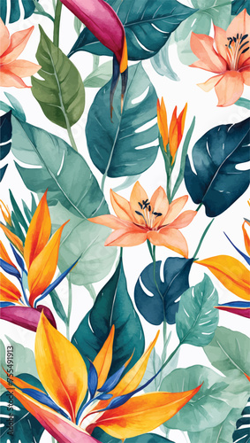 Beautiful seamless vector floral pattern, spring summer background with tropical flowers, palm leaves, jungle leaf, gloriosa lily flower, Leaves Blossom, Exotic wallpaper, Hawaiian, watercolour style