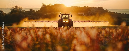 Pesticide spraying in soybean field during springtime. Concept Soybean Farming, Spring Pesticides, Crop Protection, Agricultural Practices, Environmental Impact photo