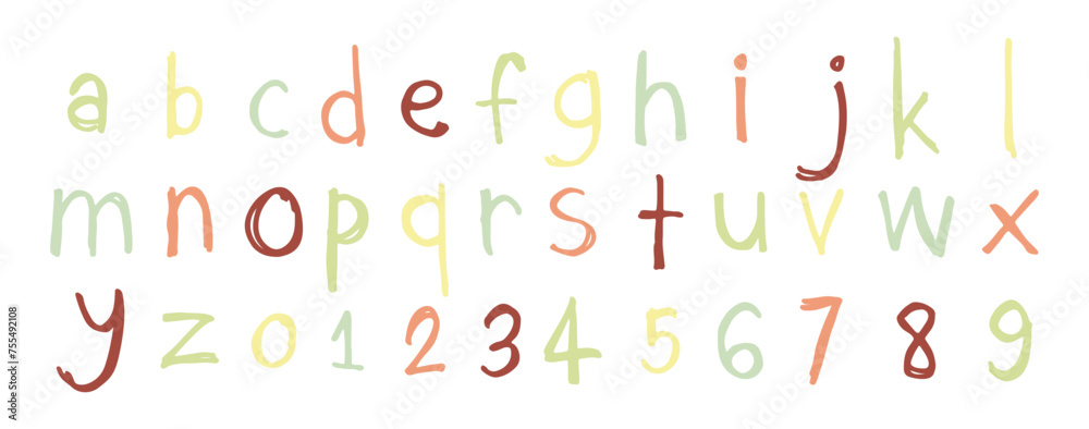 English alphabet A to Z, 0 to 9 color 18 cute on a white background, vector illustration.
