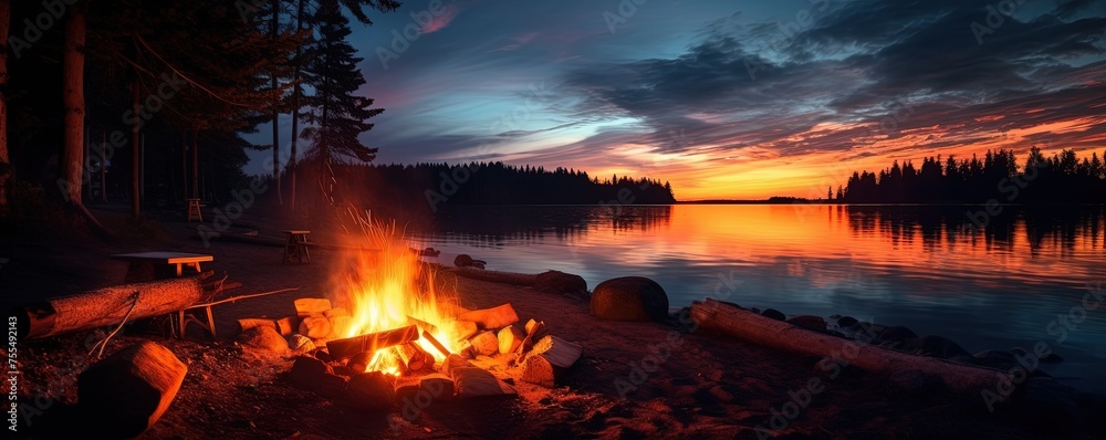 Glowing campfire by the lake. Sunset with open flames, fire, and logs. Camping on the beach at night. Serene lake landscape Glowing campfire by the lake. Sunset with open flames, fire, and logs. Camping on the beach at night. Serene lake landscape
