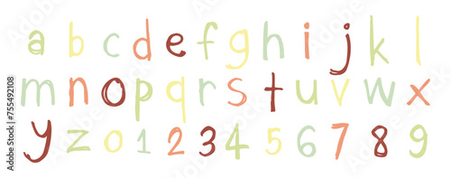 English alphabet A to Z  0 to 9 color 18 cute on a white background  vector illustration. 