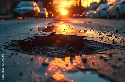Sunset reflected in a puddle on an urban street with parked cars and warm light.
