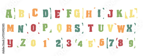 English alphabet A to Z, 0 to 9 color 21 cute on a white background, vector illustration.
