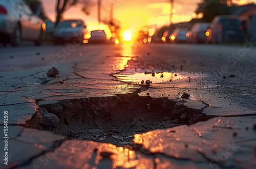 Pothole on a cracked road with sunset in the background, urban infrastructure decay concept. © Gayan