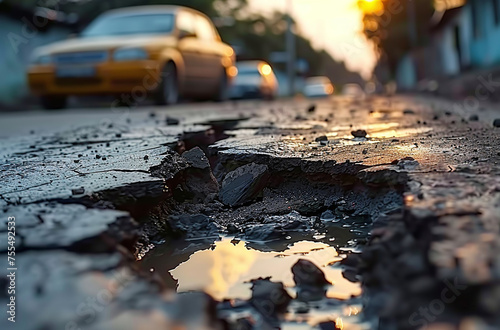 Close-up of a pothole on a street with a blurred car in the background during sunset.