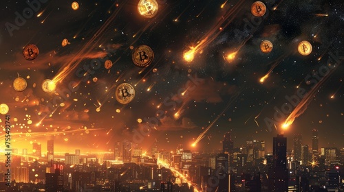 A surreal vision of a flaming Bitcoin meteor descending toward a cityscape symbolizes the disruptive impact of cryptocurrency on the global economy