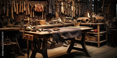 leather craft or leather goods making. work bench of a leather smith. photo