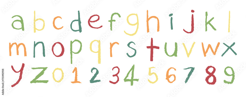 English alphabet A to Z, 0 to 9 color 28 cute on a white background, vector illustration.
