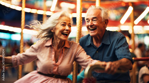 Elderly couple having a great time and laughing on a carousel ride, showing timeless joy
