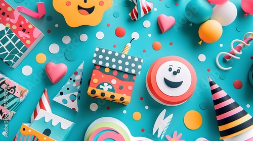 Vibrant AI-Generated 3D Paper Craft Party Collage Featuring Happy Faces and Playful Decorations on a Teal Background