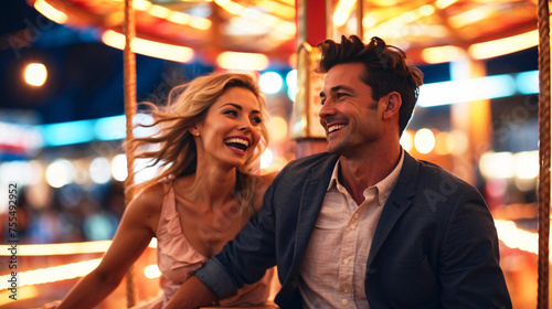 Attractive couple engaging in light-hearted flirtation on a carousel, surrounded by evening lights