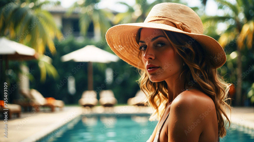 A contemplative woman wearing a stylish hat poses by a tranquil resort pool, embodying relaxation and luxury