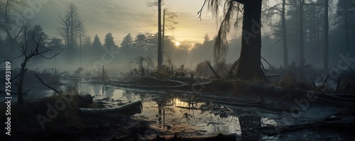 misty morning in forest swamp photo