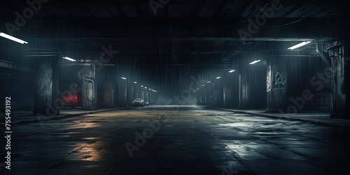 Midnight basement parking area or underpass alley. Wet, hazy asphalt with lights on sidewalls. crime, midnight activity concept. photo