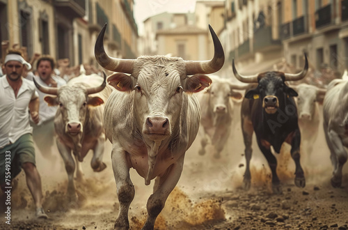 Thrilling bull run with people racing ahead of charging bulls on a dusty street, capturing the intensity and tradition of the event.