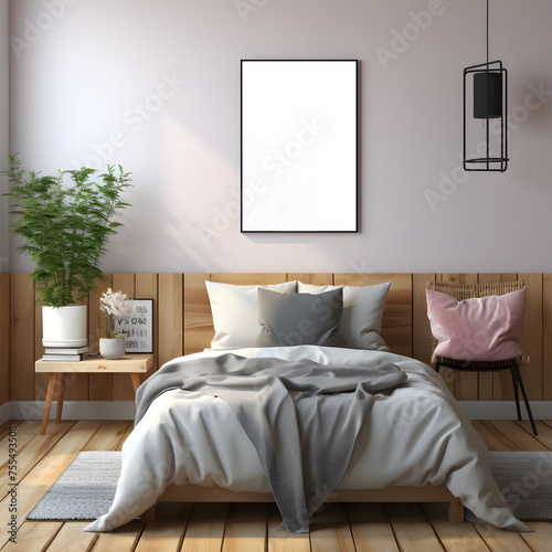 Cozy  Bedroom with Wooden Furniture,chairs,lamp,grey walls,bed grey with Interior Mockup with one white photo frame in the background