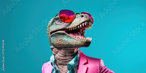 Old school cool with dinosaur wearing sunglasses in studio on vibrant background