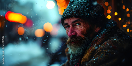 Old Homeless Man Sitting on the Street in Winter. Homeless Beggar on Snowy Street