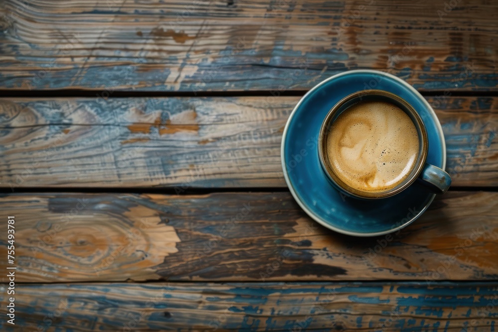 A coffee cup sits on a wooden table. The cup is filled with coffee and has a brownish color. The wooden table has a rustic and natural feel to it. - obrazy, fototapety, plakaty 