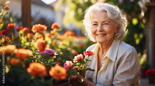 An elderly woman enjoying gardening among colorful flowers, conveying a sense of growth, nurturing, and the joy of retirement © Eightshot Images
