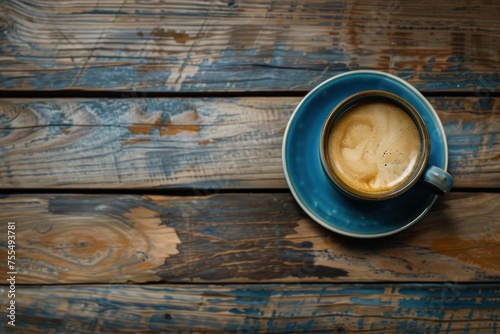 A coffee cup sits on a wooden table. The cup is filled with coffee and has a brownish color. The wooden table has a rustic and natural feel to it.