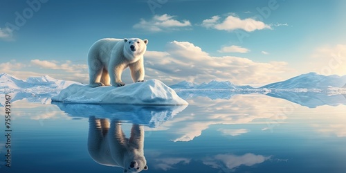 Serene scene of a polar bear standing on a small iceberg with a perfect reflection in calm waters photo